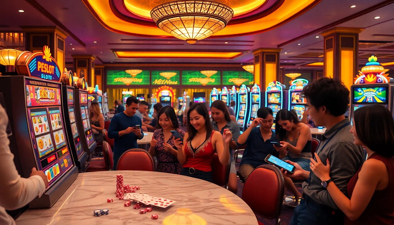 Play engaging PG Slot games in a luxurious casino setting featuring vibrant machines and excited players.
