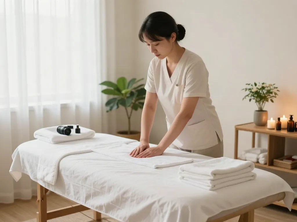 Massage therapy room with 모란출장마사지 setup, creating a calming atmosphere for relaxation.