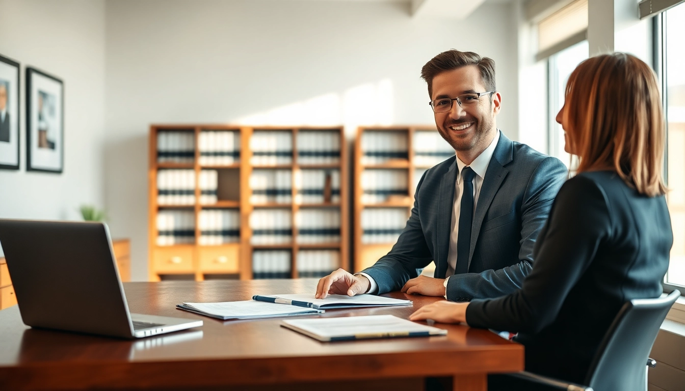 Sarasota personal injury lawyer discussing legal options with a client in a professional office setting.