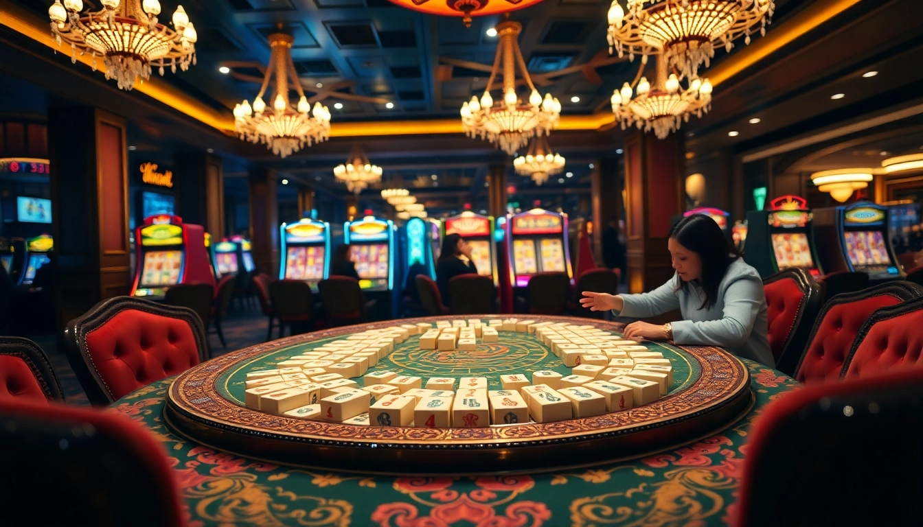Excited players enjoying mahjong ways 2 at a luxury casino table with vibrant tiles and poker chips.