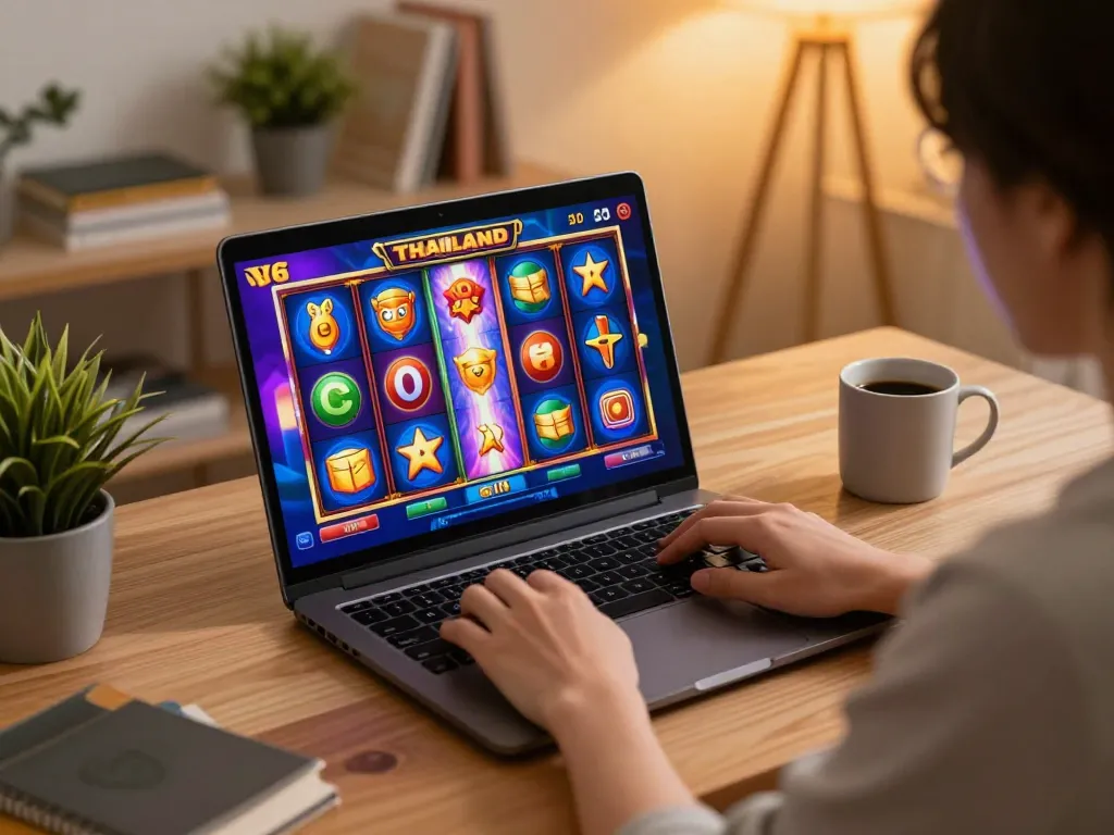 Play slot thailand on a laptop while enjoying a cozy home gaming environment with lively visuals.