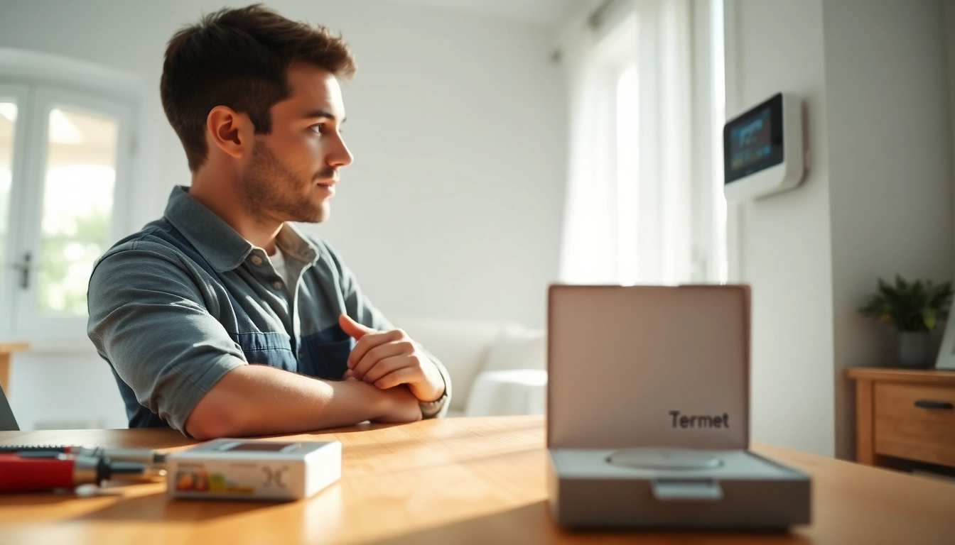 Expert engaging in thermostat replacement, showcasing a professional setup and bright environment.