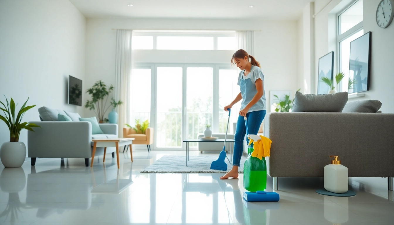 Clean living room showcasing a professional cleaning service with sparkling furniture and eco-friendly products.