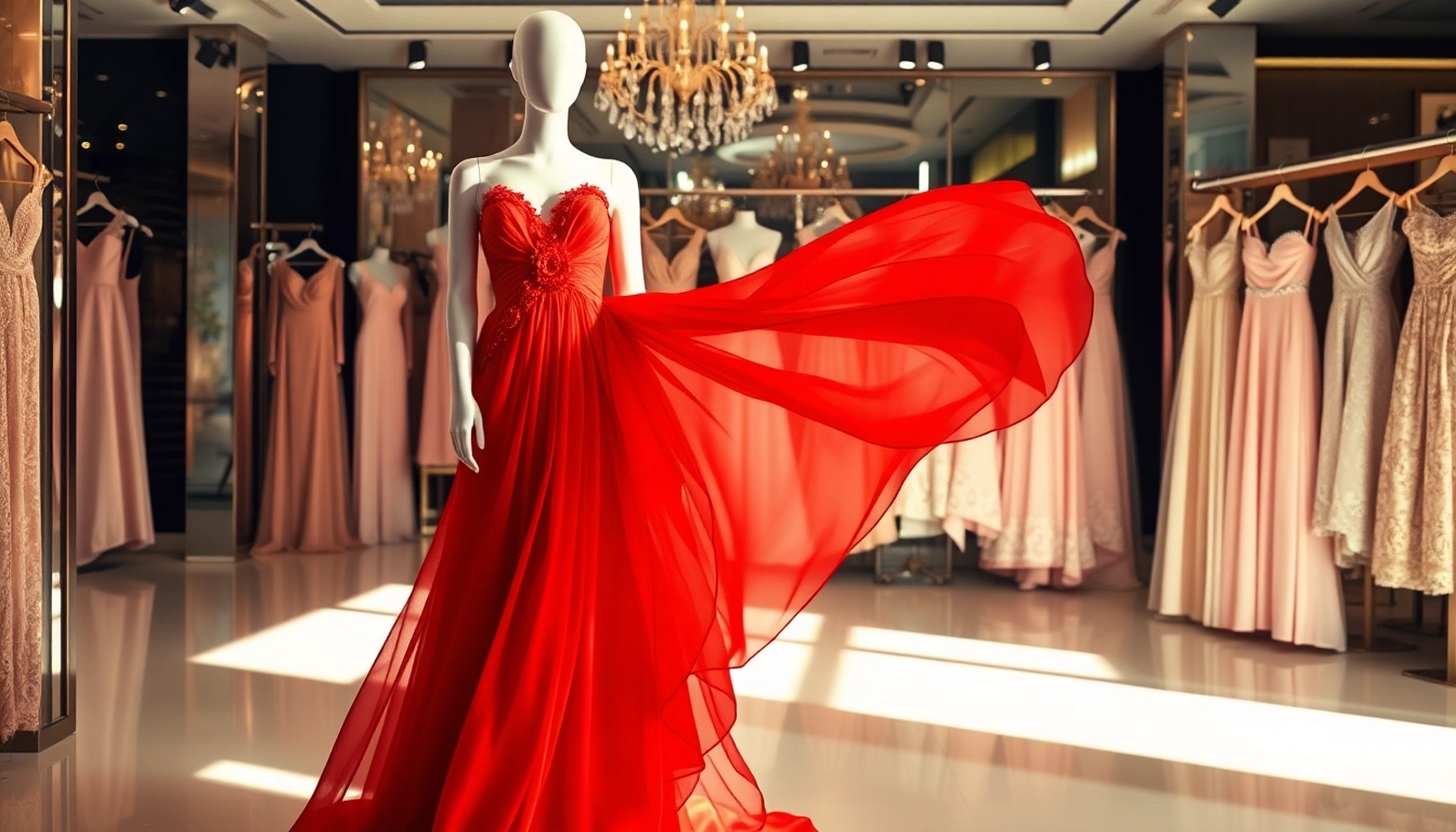 Stylish designer dresses displayed in an elegant boutique, showcasing luxury and fashion.