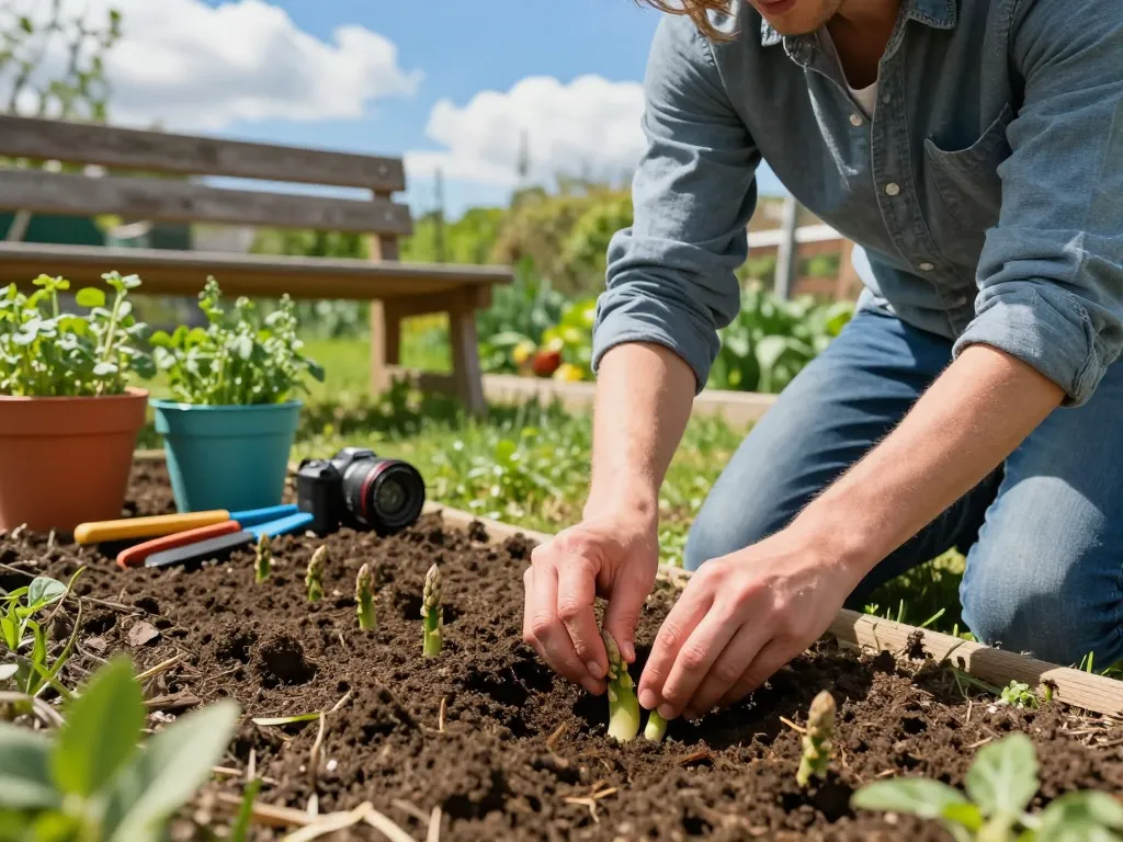 Gardener planting groene asperges zaaien seeds in a vibrant spring garden.