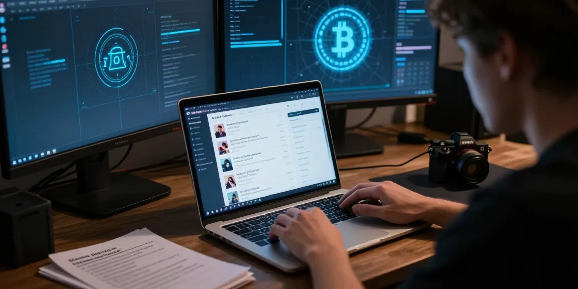 User exploring the Nexus darknet market link on a laptop amidst a digital privacy context, showcasing technology integration and user interaction.