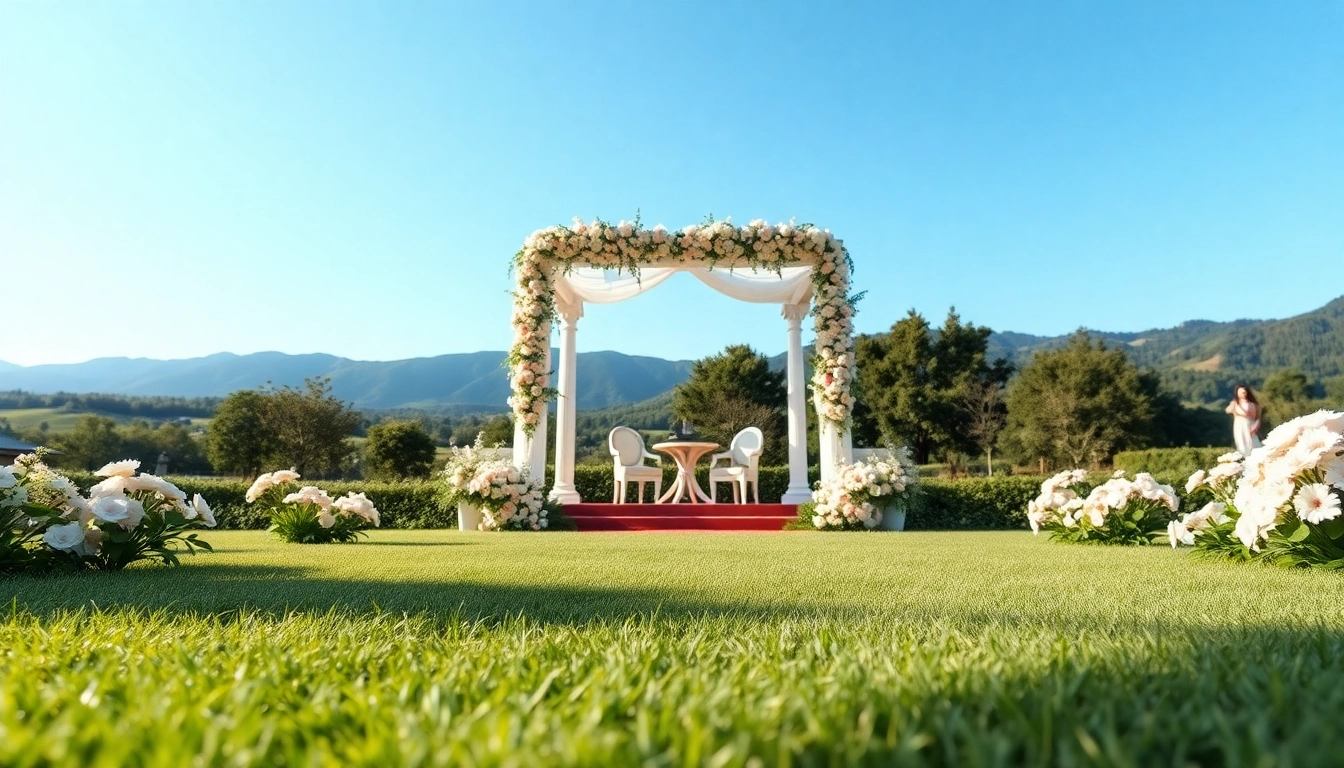 Traumhafte Hochzeitslocation mit schön dekoriertem Altar in blühendem Garten.