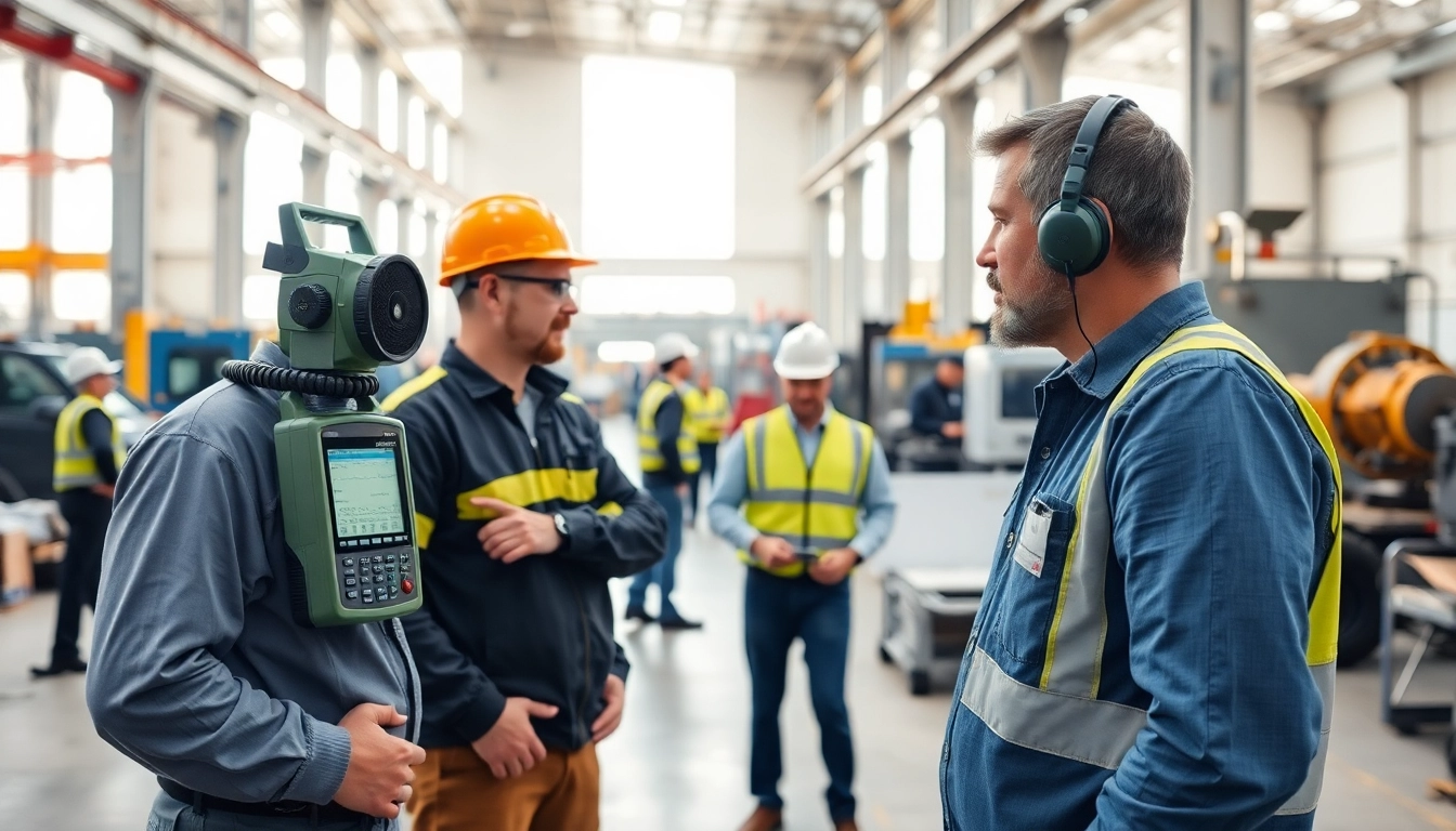 Conducting a noise assessment survey in an industrial setting with sound level meters.