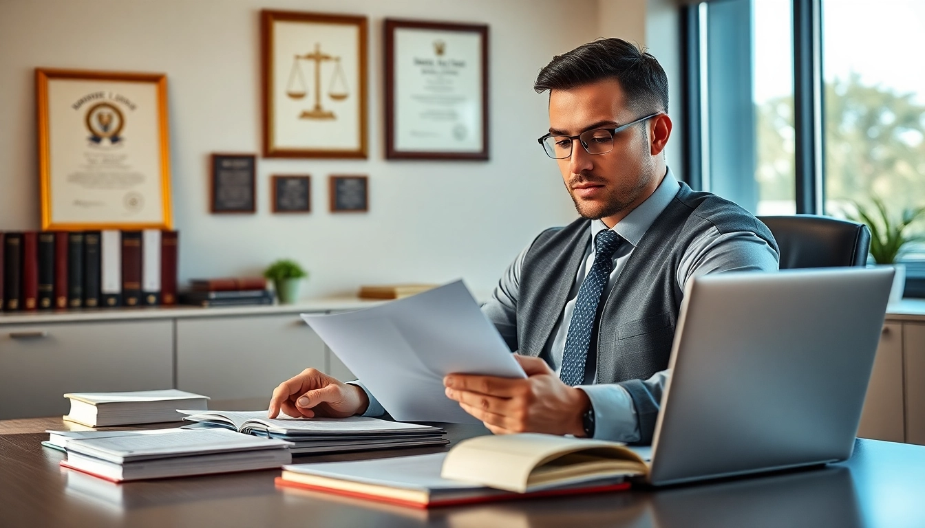 Clearwater truck accident attorney confidently reviews case files in a professional setting.
