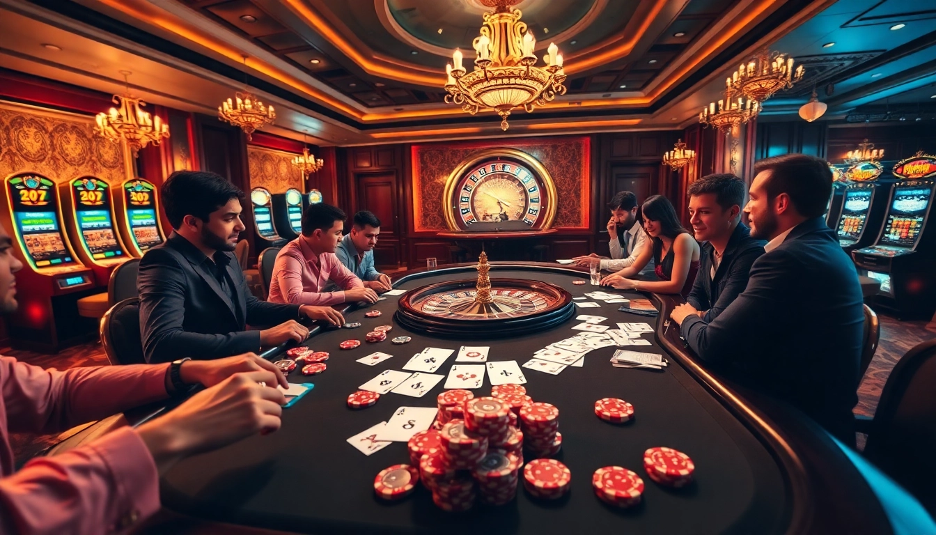 Players enjoy an exciting poker game featuring unique 79king chips and cards at a luxurious casino table.