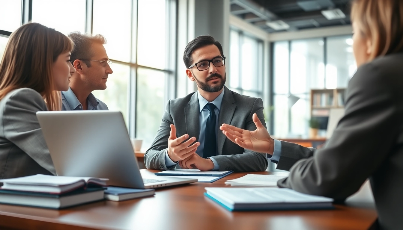 Engaged clients discussing legal matters at https://www.lalitlaw.com in a modern office.