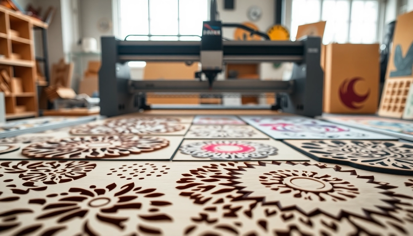 Showcasing laser cutting designs in a bright workshop with intricate patterns and a laser cutter.