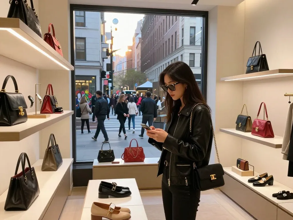 Woman exploring stylish 레플리카 accessories in vibrant urban shop.