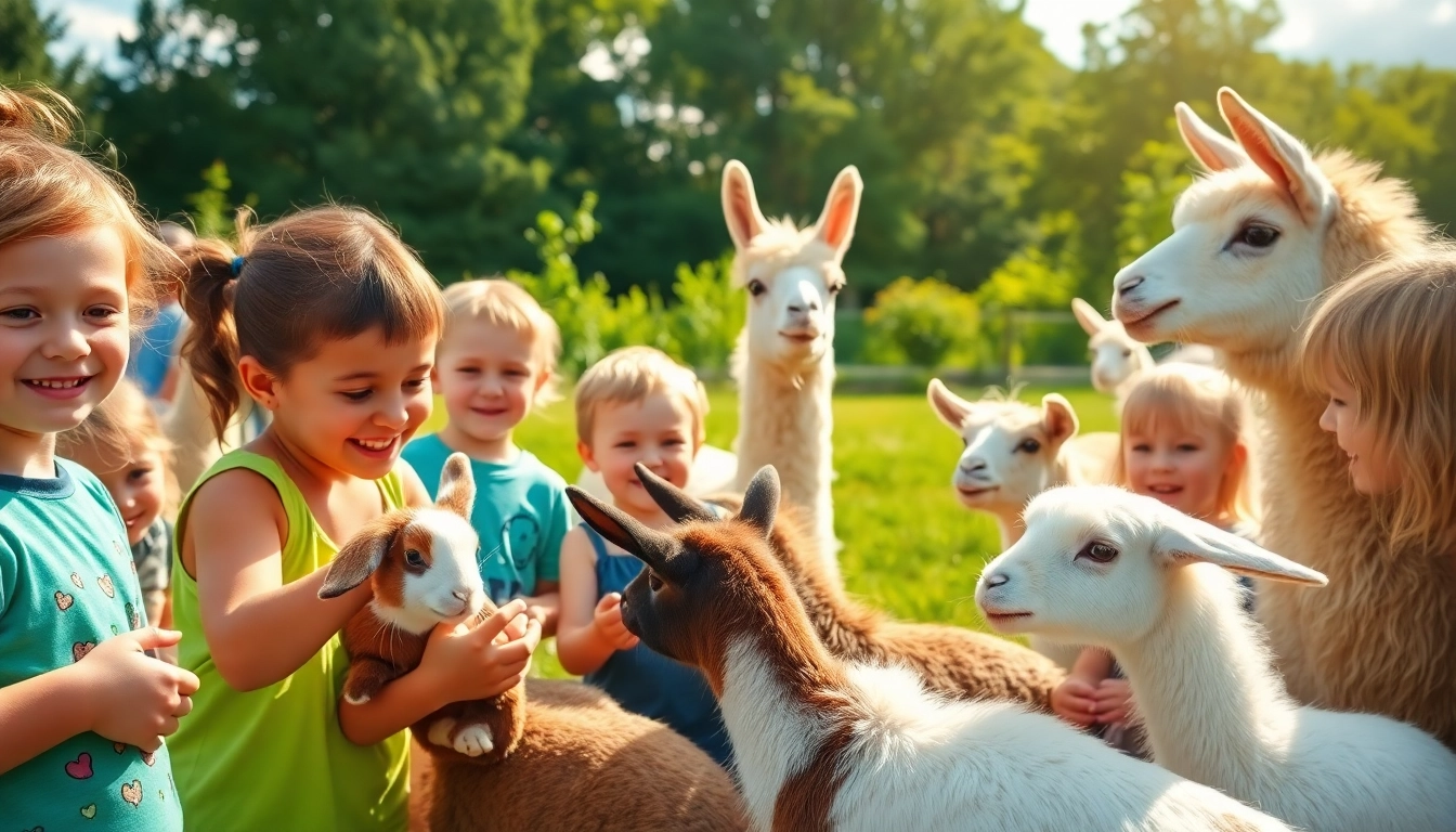 Kids enjoying hands-on learning at an animal camp in Illinois, interacting with various friendly animals.