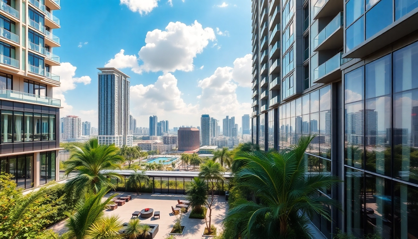 Showcase the modern design of https://newdeveloperlaunch.sg new launch condominiums in Singapore with urban skyline.