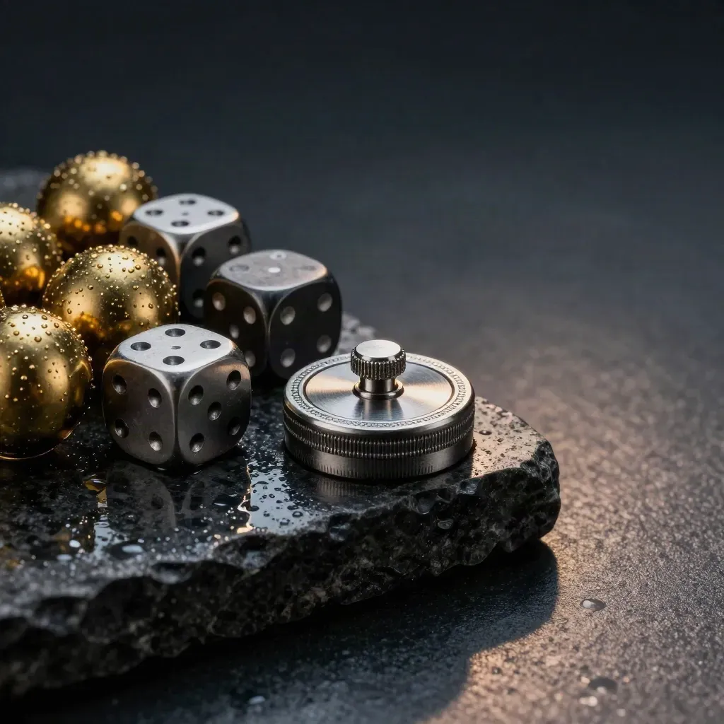 Brass draw balls, graphite dice, steel pucks, and a control wheel on rain-dark basalt.