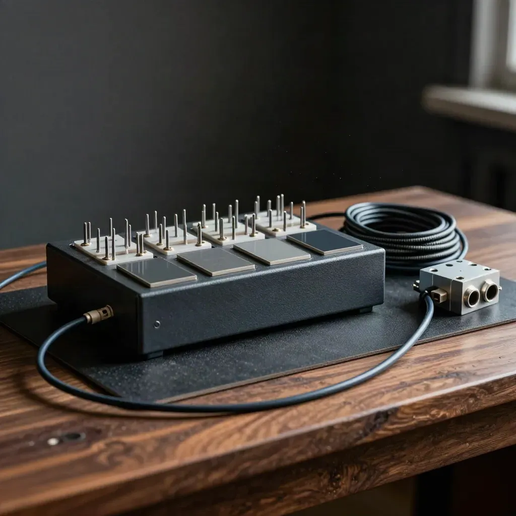 Anti-static test jig, sample modules, and braided cables on a walnut workbench