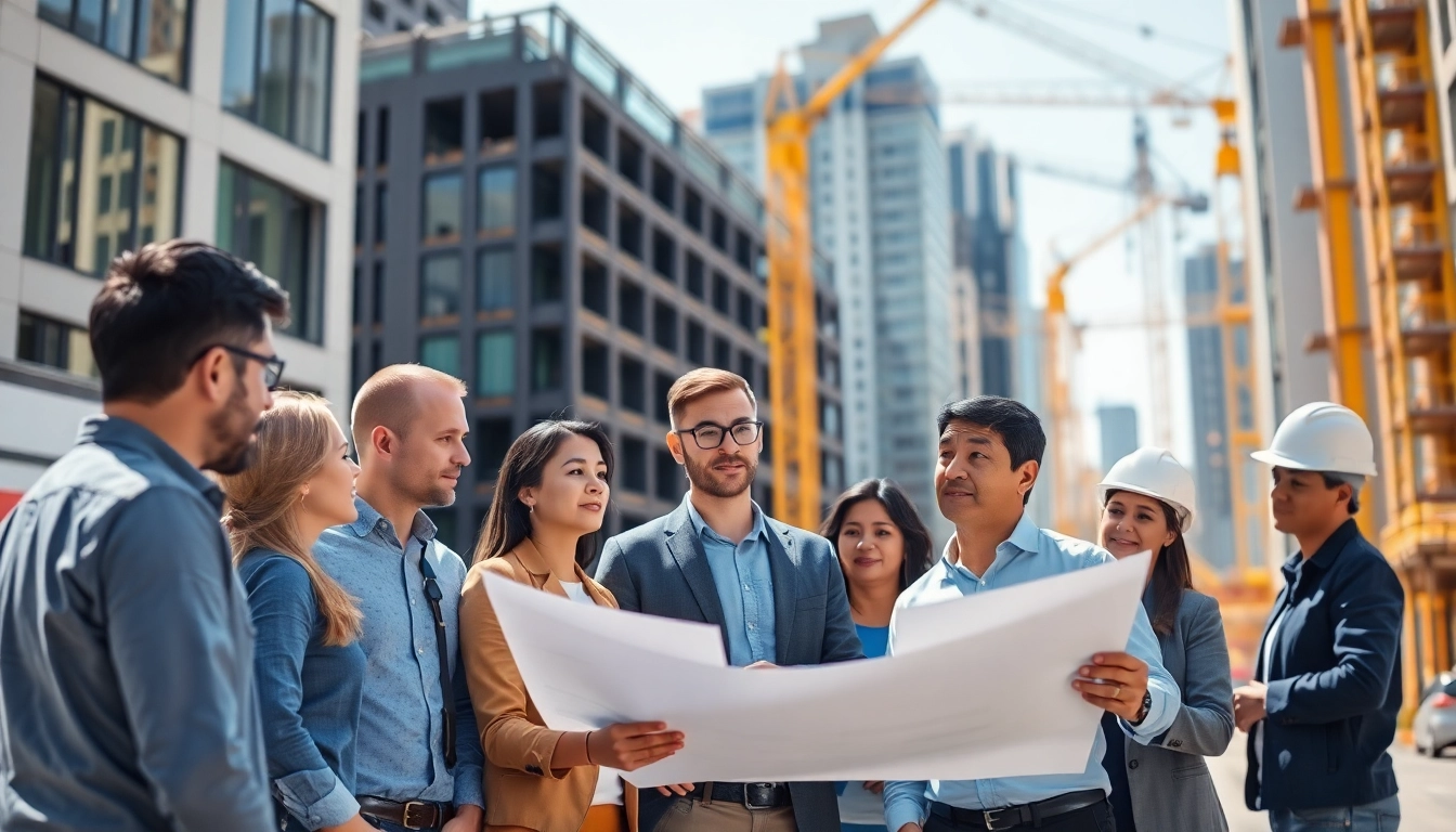 Construction association members examine blueprints amid an urban construction site, fostering collaboration.