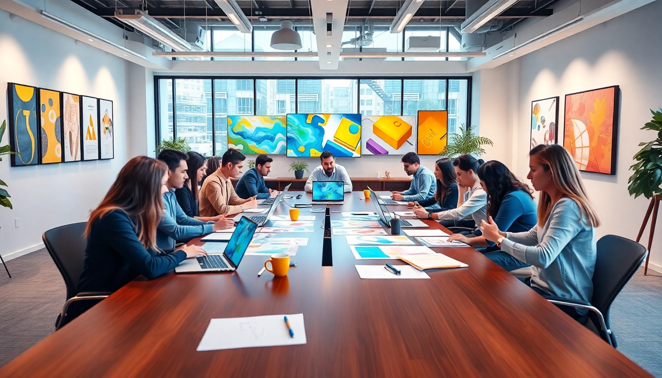 Team brainstorming at a Creative agency to foster innovation in a vibrant office space.