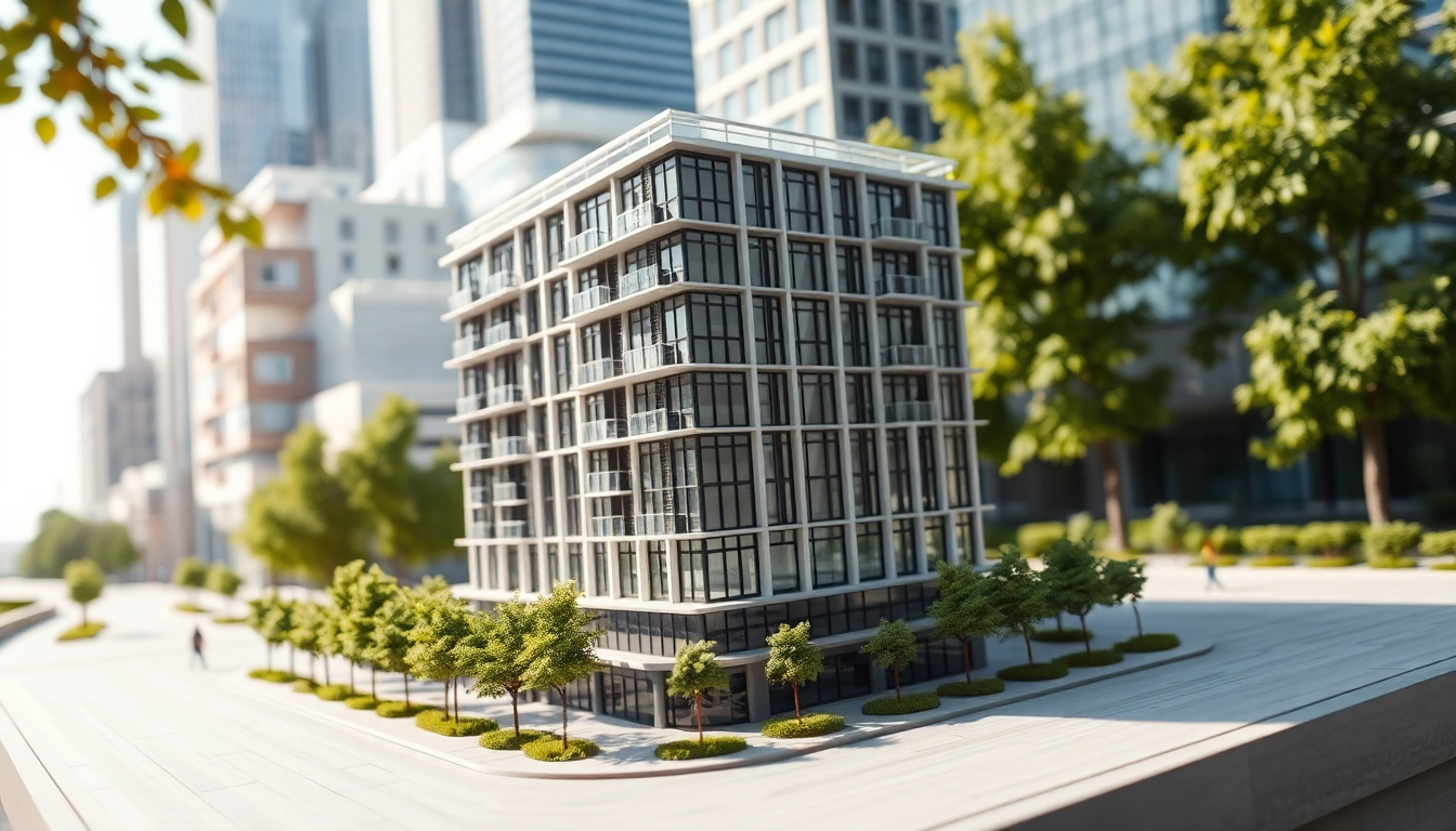 Architekturmodellbau Bremen zeigt detaillierte Modelle von modernen Gebäuden in städtischer Umgebung.