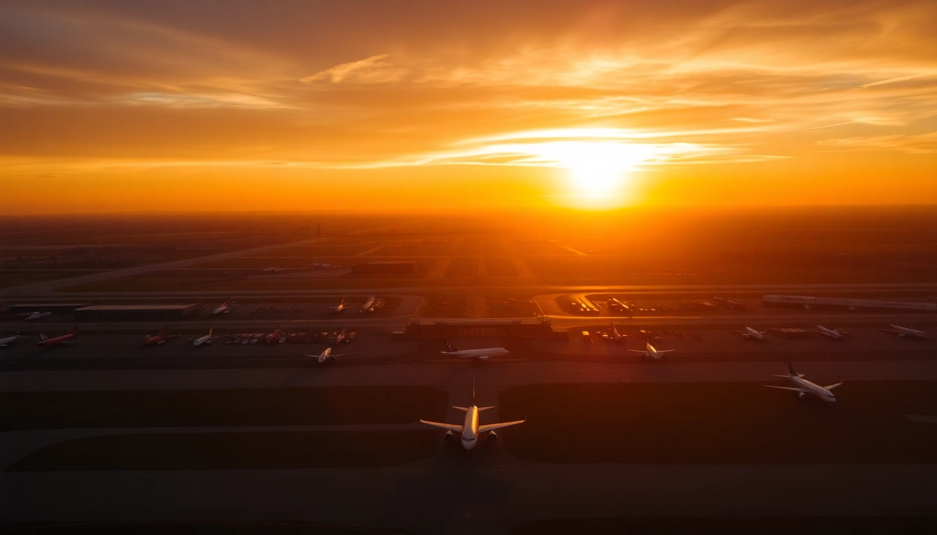 Newcastle Airport with planes taking off at sunset, showcasing vibrant colors and modern architecture.
