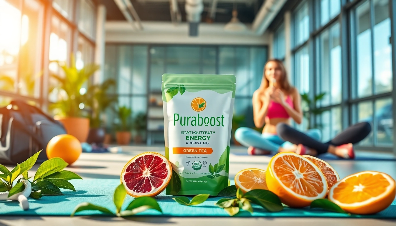 Puraboost energy drink mix in a vibrant health-focused setting with fresh ingredients.