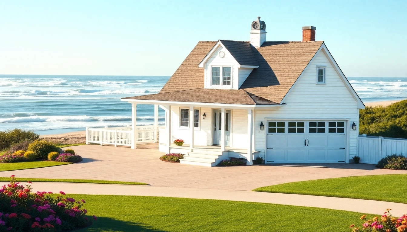 Captivating scene of a cape cod home with an attached garage showcasing coastal beauty.
