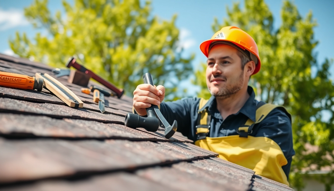 Roofer conducting a roof repair inspection, ensuring safety and quality.
