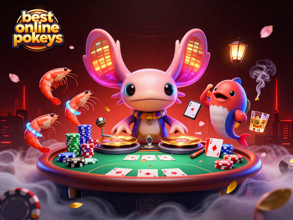 Engage with the best online pokies in an energetic casino scene featuring a vibrant axolotl DJ and lively characters.