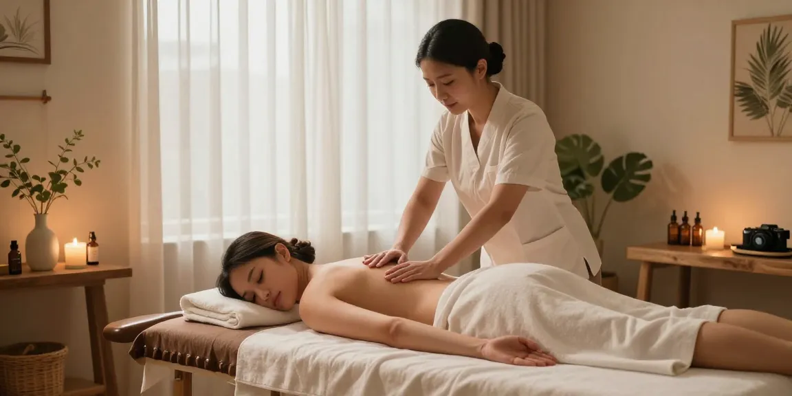 Relaxing Swedish massage scene with therapist applying aromatic oils in a tranquil spa