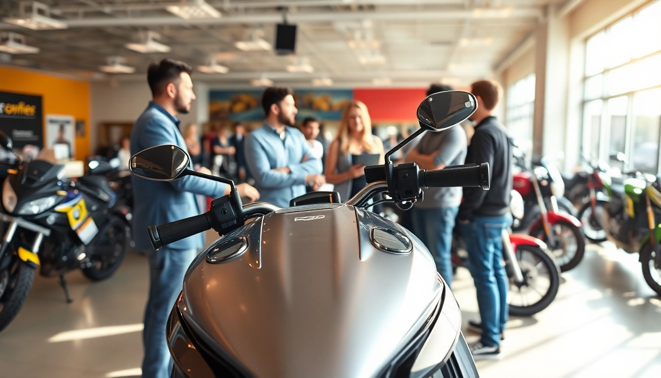 Motorrad Verkaufen Ankauf im Verkaufsprozess mit fröhlichen Käufern und glänzendem Motorrad im Hintergrund.