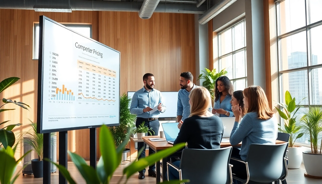 Analyze competitor pricing trends with a diverse team in a professional office setup.