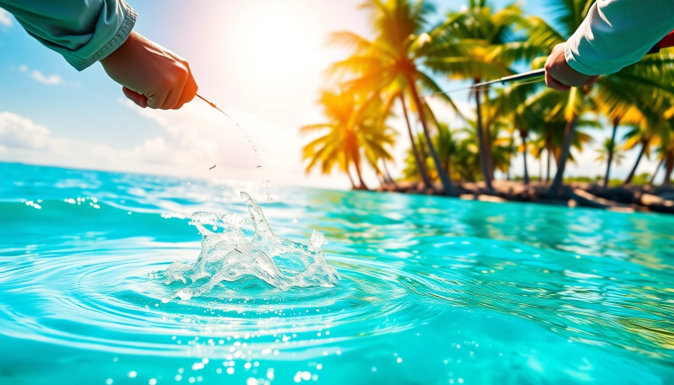 Angler casting during Saltwater fly fishing in a vibrant tropical ocean setting.