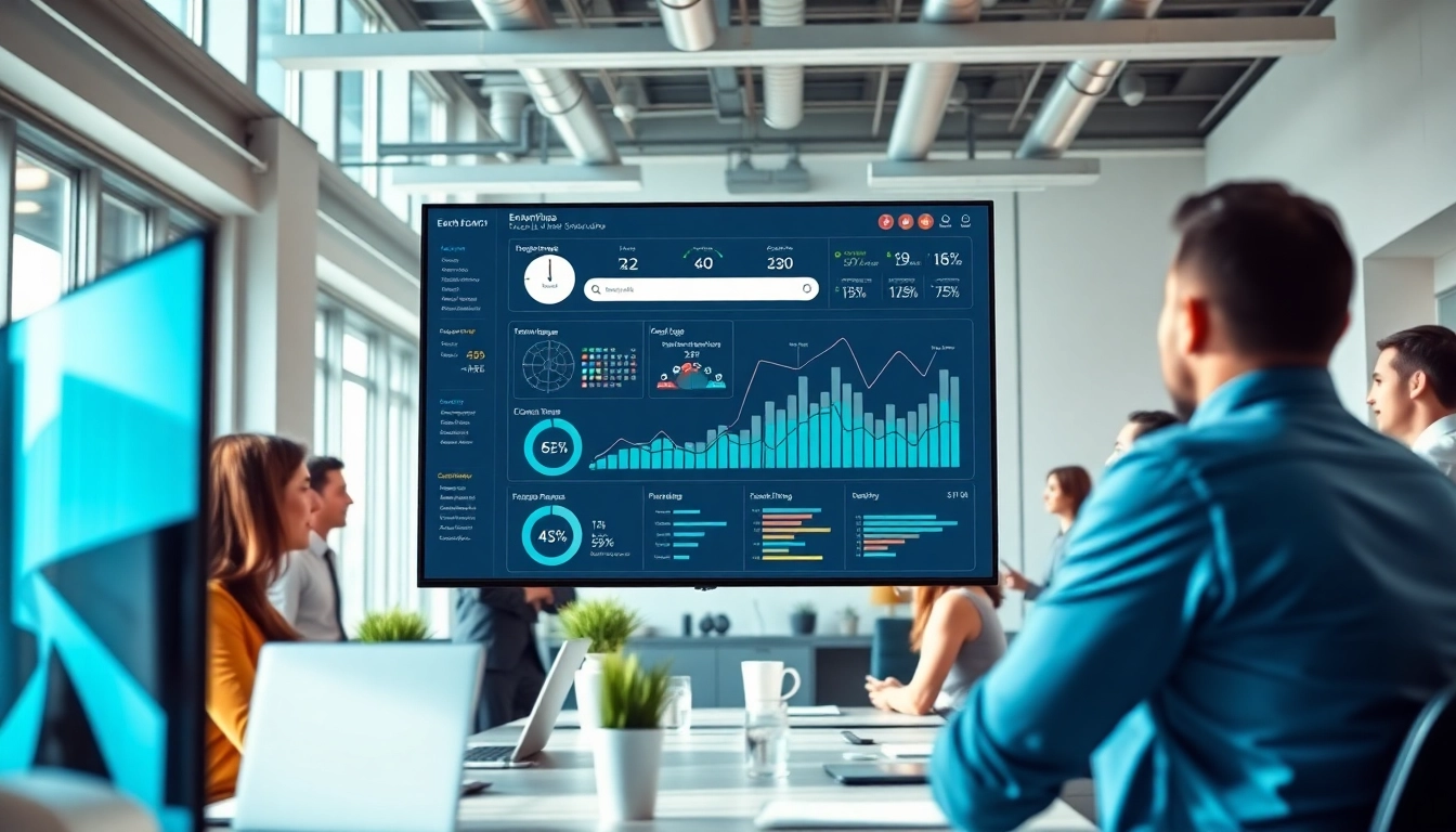 Engage with enterprise search software dashboard while collaborating in a modern office.