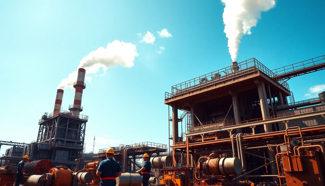 Modern steel mill with workers operating machinery in a busy industrial setting.