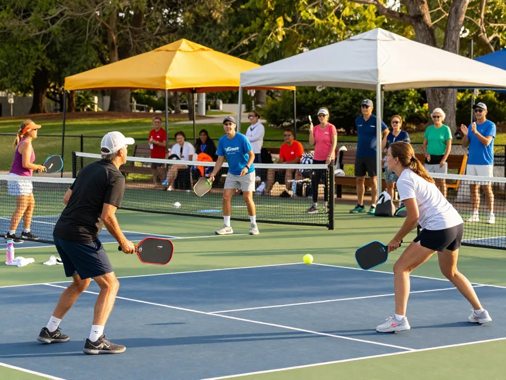 Excited players using pickleball paddles during a lively match in a sunny park.