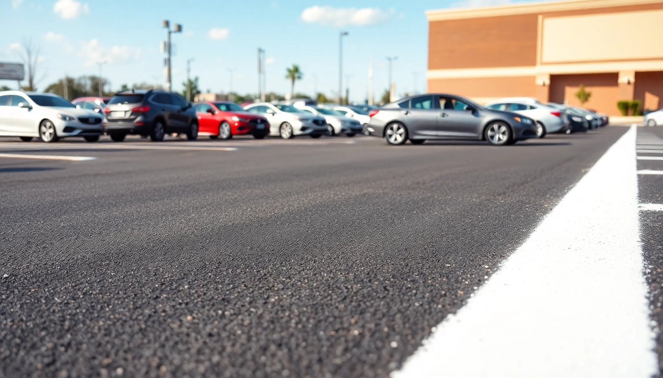 Parking lot striping Jackson Mississippi provides vibrant, freshly painted lines in a busy commercial parking lot.