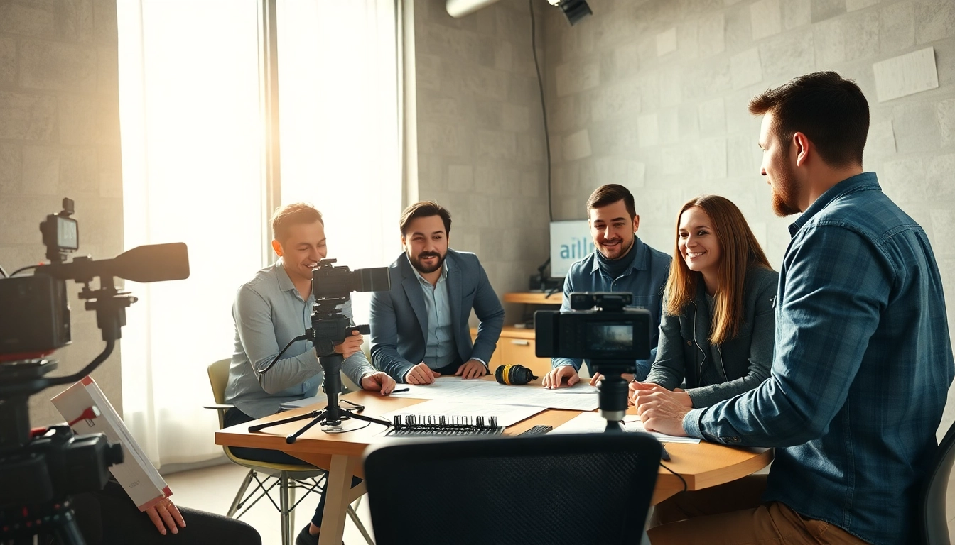 Capture of corporate video production Phoenix team collaborating creatively in a vibrant studio.