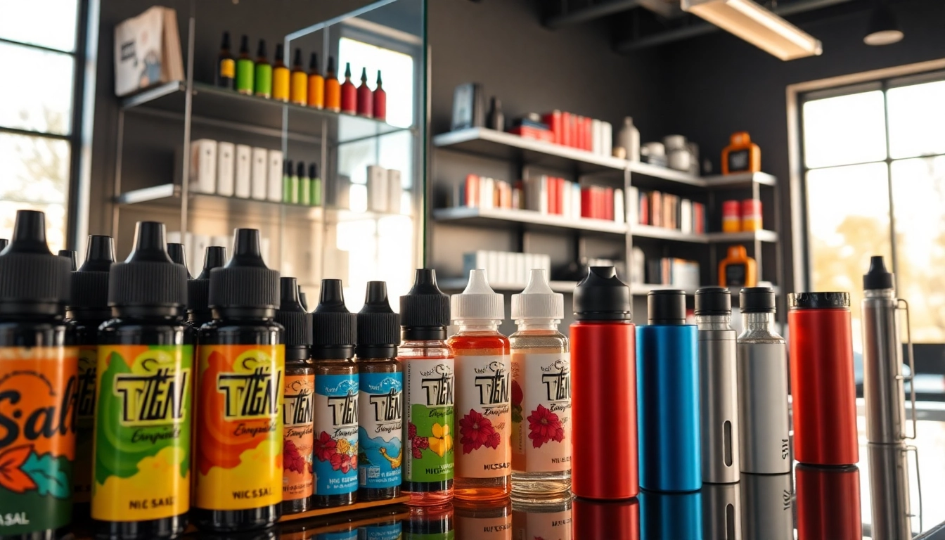 Explore the variety of products at Vape Juice Depot with showcased vape juices and devices in a stylish setting.