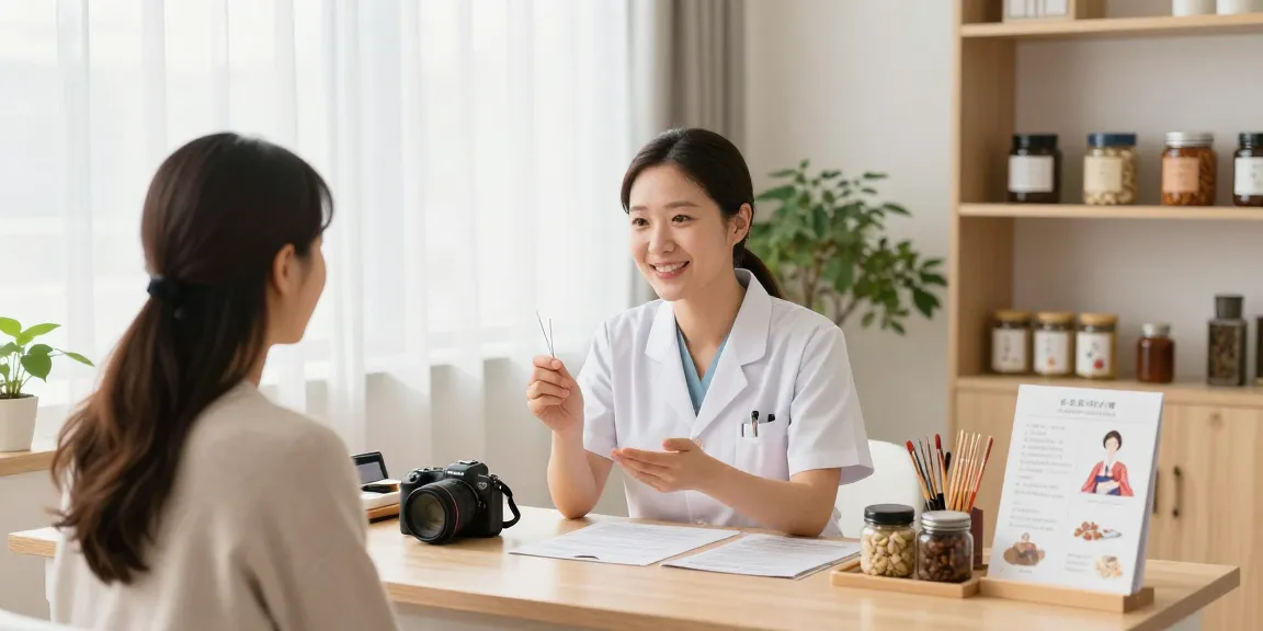Consultation scene at 수원한의원 with a practitioner and patient discussing herbal treatment options in a welcoming environment.