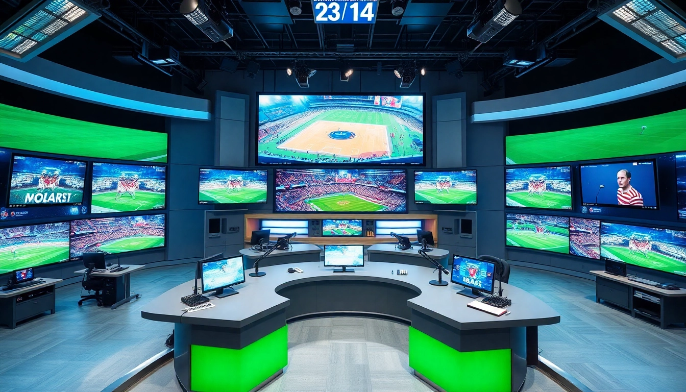 Captivating sports broadcasting studio scene showcasing live sports events and dynamic visuals.