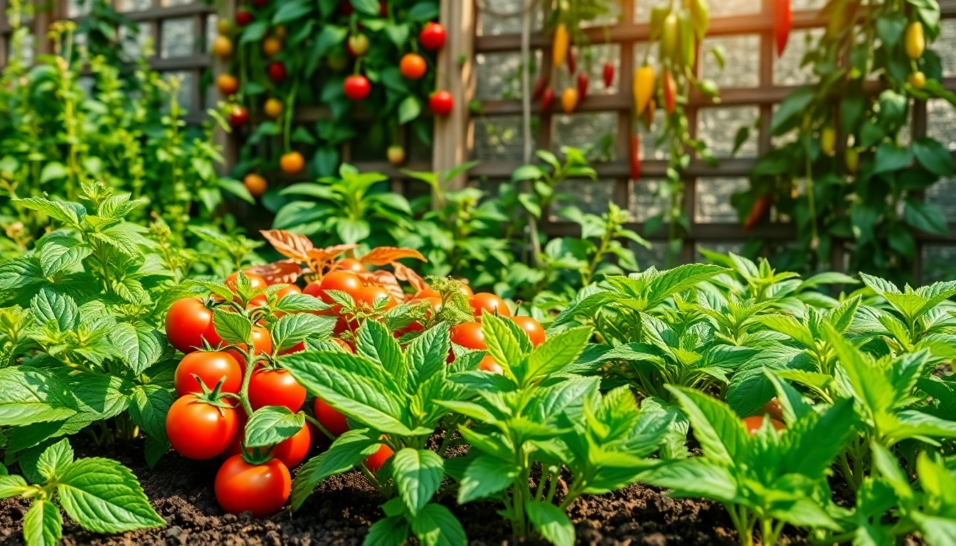 Gardening in a vibrant vegetable garden featuring fresh herbs and colorful vegetables.