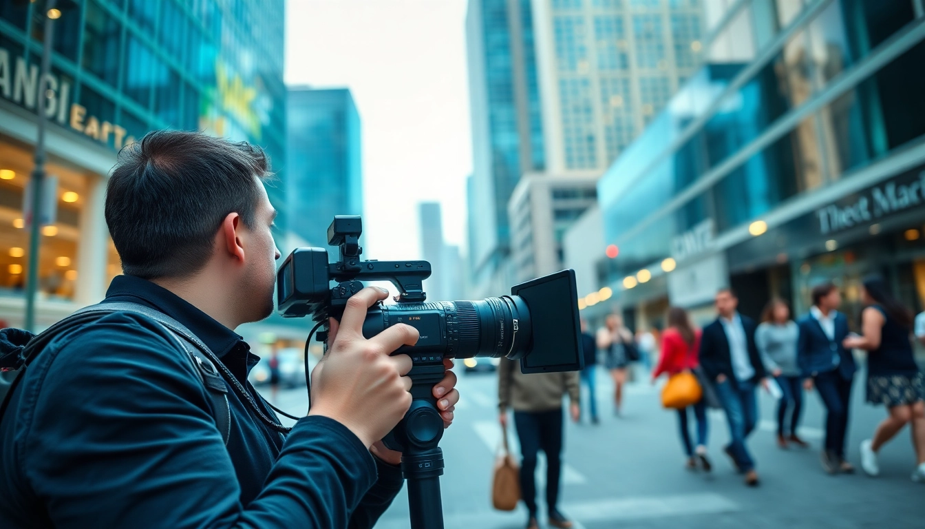 Videographer capturing urban scenes with a professional camera in a vibrant city environment.