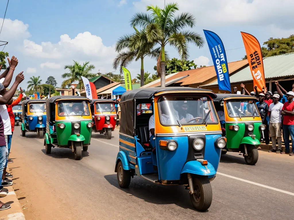 Exciting tuk tuk competition in Kenya with colorful vehicles racing.