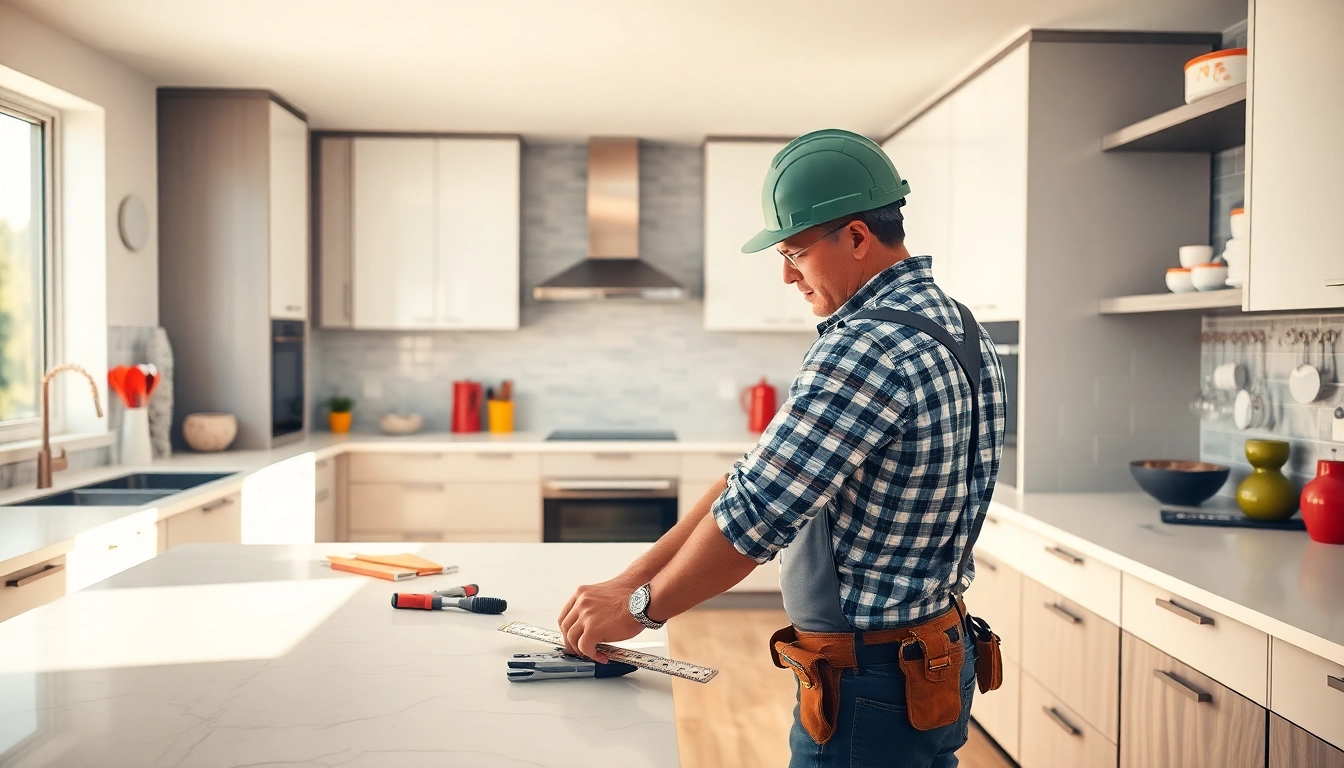 Remodeling Contractor measuring space in a modern kitchen renovation.