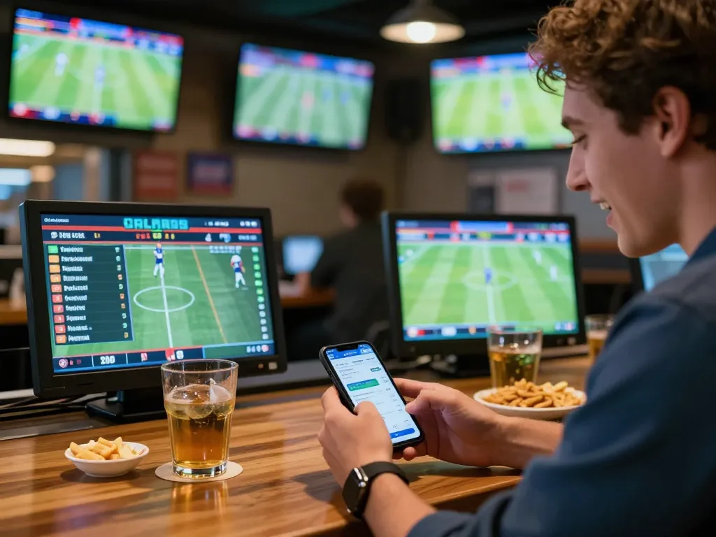 Kèo nhà cái being accessed on a smartphone by an excited sports bettor at a lively bar.