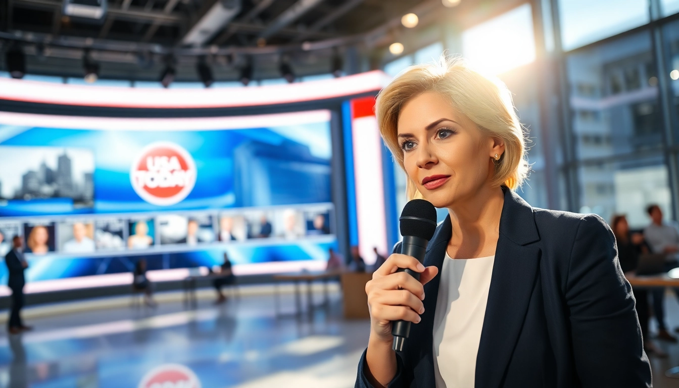 Journalist interviewing in a vibrant newsroom highlighting Usa Today news.