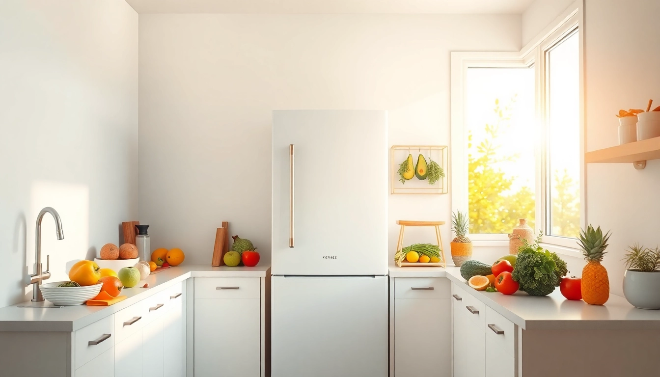 Modern Refrigerator in a bright kitchen, showcasing fresh ingredients and a stylish design.
