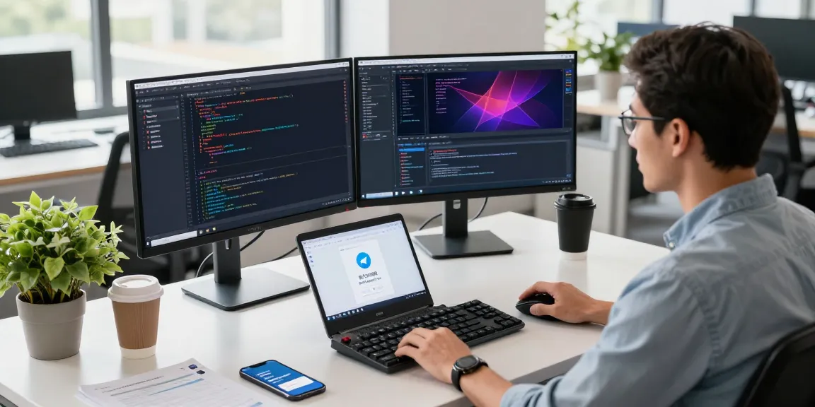 Developer using the 纸飞机中文版官网 application in a modern tech workspace with multiple screens.