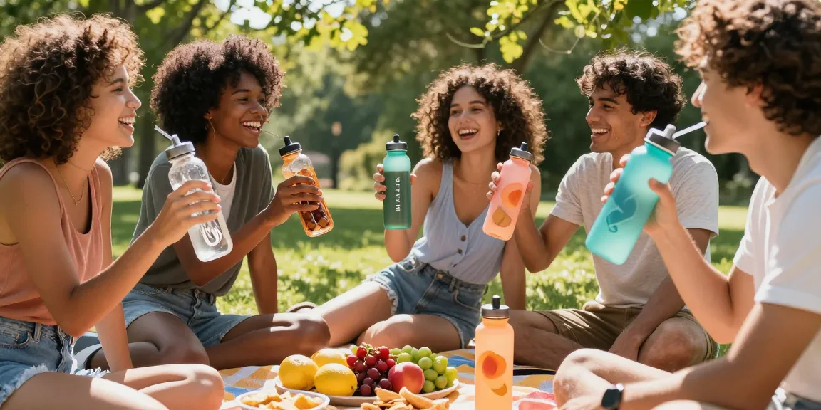 Friends enjoying refreshing flavored water with WAVEX scent pods for water bottle in a sunny picnic setting.